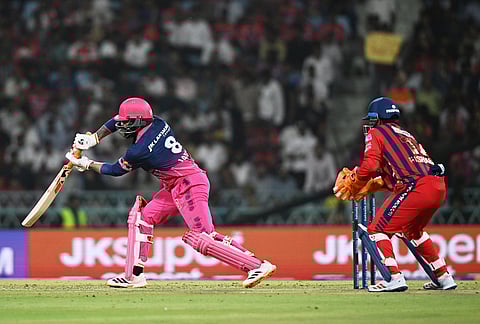 Rajasthan Royals' Ravindra Jadeja bats during the Indian Premier League cricket match between Lucknow Super Giants and Rajasthan Royals in Lucknow.