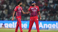 Lucknow Super Giants At Indian Premier League 2026: LSG Player Of The Match Winners List | Photo: AP/Manish Swarup : Lucknow Super Giants' Prince Yadav, left, speaks to teammate Mohammed Shami during the Indian Premier League cricket match between Lucknow Super Giants and Delhi Capitals in Lucknow, India.