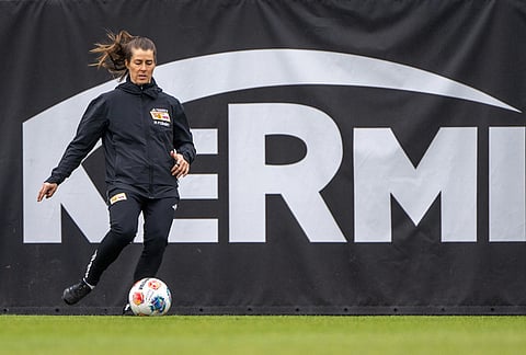 Union Berlin's interim head coach Marie-Louise Eta attends a training session in Berlin, Tuesday, April 14, 2026. 
