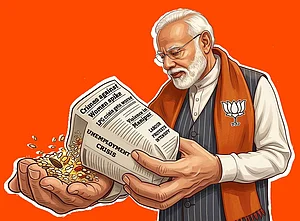Illustration by Saahil : PM Modi bought a pack of Jhalmuri for ten rupees from a roadside vendor in Jhargram.