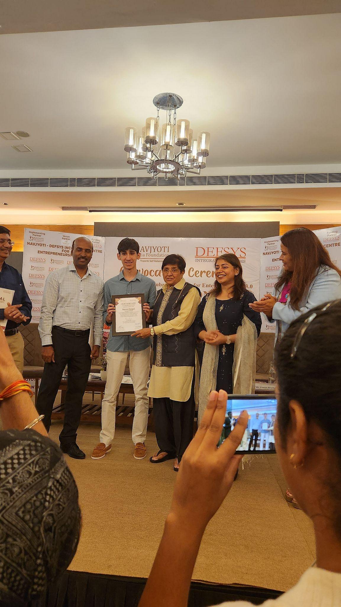 Dr. Kiran Bedi recently presented Suveer with the Youngest Entrepreneur Mentor Award