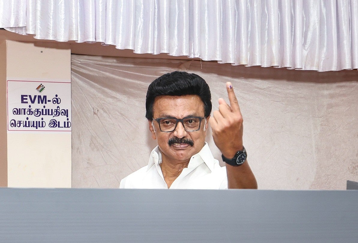 Tamil Nadu Chief Minister and DMK candidate from Kolathur constituency, MK Stalin, shows his ink-marked finger after casting a vote in the state Assembly elections, at a polling station, in Chennai, Thursday, April 23, 2026. - PTI