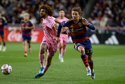 Real Salt Lake forward Sergi Solans, right, and Inter Miami defender Maximiliano Falcón, left, battle for the loose ball during an MLS soccer match, in Sandy, Utah.