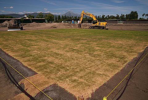 New fresh grass is grown for a world-class cricket pitch at the Pomona Fairplex seen during the groundbreaking of the new Knight Riders Cricket Field, which will serve as the Los Angeles Knight Riders' official home field for 2026 and later host cricket at the LA 2028 Olympics.