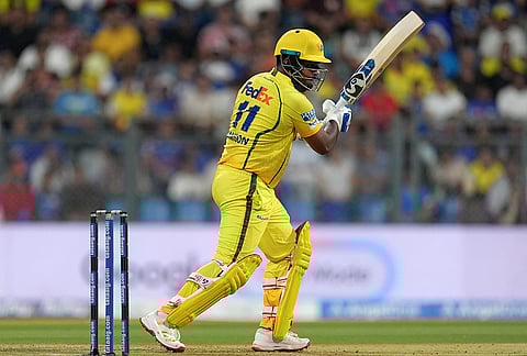 Chennai Super Kings' Sanju Samson plays a shot during an Indian Premier League (IPL) 2026 T20 cricket match between Mumbai Indians and Chennai Super Kings, in Mumbai, Maharashtra.