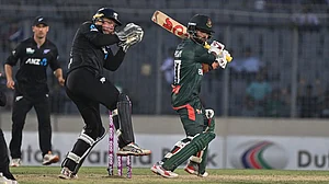 | Photo: AP/Mosaraf Hossain : Bangladesh's Tawhid Hridoy plays a shot during the second one day international cricket match between Bangladesh and New Zealand in Mirpur, Bangladesh.