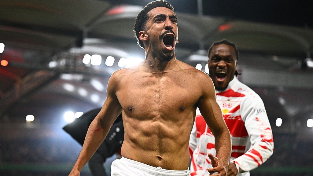 Tiago Tomas celebrates scoring the winning goal during the German Cup semi-final between VfB Stuttgart and SC Freiburg. - Tom Weller/dpa via AP