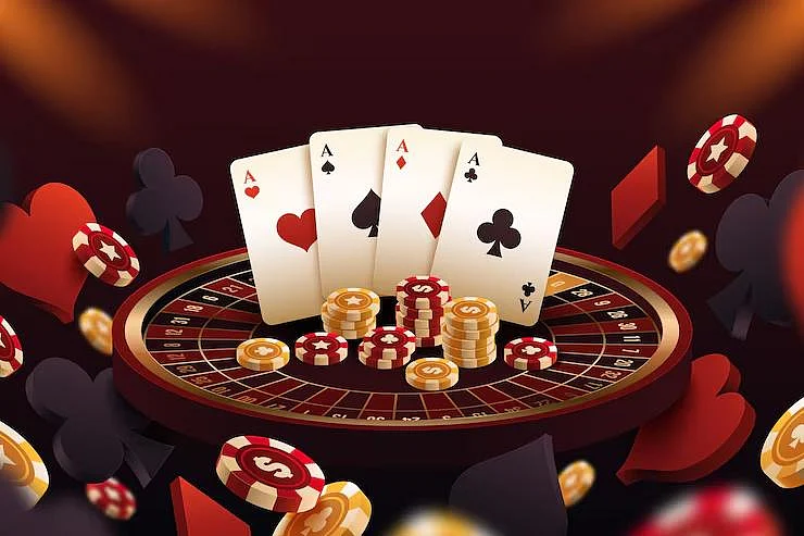 Four aces on a roulette wheel with poker chips