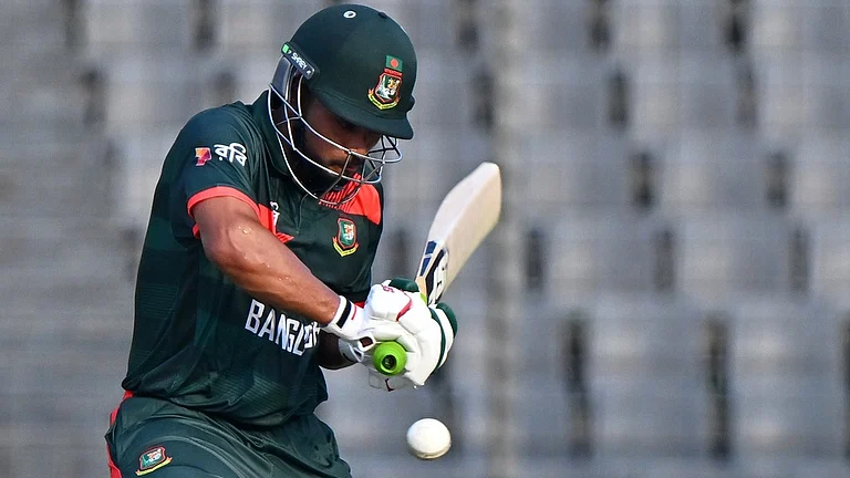 Najmul Hossain Shanto plays a shot during the second one-day international between Bangladesh and New Zealand in Mirpur. - AP/Mosaraf Hossain