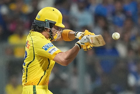 Chennai Super Kings' Dewald Brevis plays a shot during the Indian Premier League cricket match between Mumbai Indians and Chennai Super Kings in Mumbai.