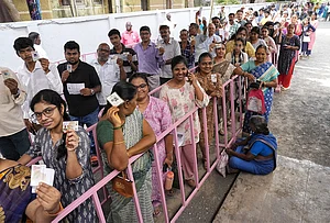 | Photo: Suresh K Pandey/Outlook : People standing in queue to vote during the 2026 Tamil Nadu Assembly elections, at a polling booth in Egmore.