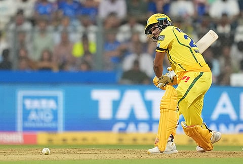 Chennai Super Kings' Kartik Sharma hits a six during the Indian Premier League cricket match between Mumbai Indians and Chennai Super Kings in Mumbai.