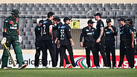 Bangladesh Vs New Zealand LIVE Cricket Score, 3rd ODI: Bangla Tigers Lose Two Wickets; BAN: 28/2 (8 Overs) | Photo: AP/Mosaraf Hossain : New Zealand cricketers celebrate the wicket of Bangladesh's Najmul Hossain Shanto, left, during the second one day international cricket match between Bangladesh and New Zealand in Mirpur, Bangladesh.