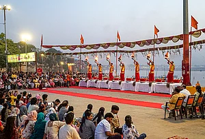 | Photo: PTI : Priests perform ‘aarti’ during the ‘Ganga Saptami’ festival, at Assi Ghat in Varanasi.