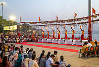 Day In Pics: April 23, 2026 | Photo: PTI : Priests perform ‘aarti’ during the ‘Ganga Saptami’ festival, at Assi Ghat in Varanasi.