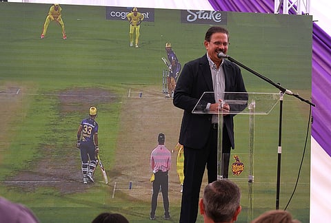 Venky Mysore, the chief executive officer (CEO) and managing director of the Kolkata Knight Riders (KKR) welcomes guests to the groundbreaking ceremony for the official home field for the Los Angeles Knight Riders for 2026, and the future venue of the LA 2028 Olympics Fairgrounds Cricket Stadium at the Pomona Fairplex in Pomona, California.