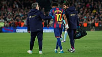 Lamine Yamal Injury: Barcelona Star Ruled Out For Season With Injury, To Be Available For FIFA World Cup 2026 | Photo: AP/Joan Monfort : Barcelona's Lamine Yamal leaves the pitch injured during the Spanish La Liga soccer match between Barcelona and Celta Vigo in Barcelona, Spain, Wednesday, April 22, 2026.