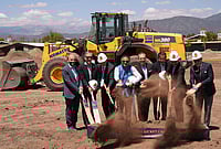 | Photo: AP/Damian Dovarganes : Officials break ground for the new Knight Riders Cricket Field, which will serve as the Los Angeles Knight Riders' official home field for 2026 and later host cricket at the LA 2028 Olympics, at the Pomona Fairplex in Pomona, California.