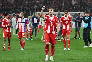 | Photo: AP/Martin Meissner : Bayern's Harry Kane celebrates after the German Soccer Cup semifinal match between Bayer Leverkusen and Bayern Munich in Leverkusen, Germany.