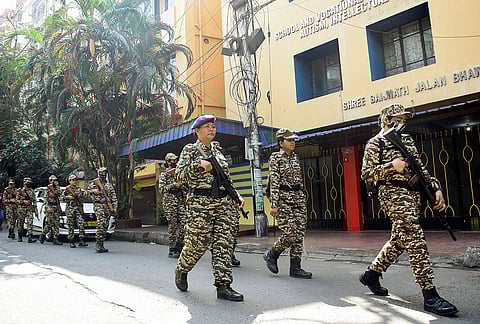 CRPF women personnel from Manipur during a route march as part of enhanced security arrangements for the upcoming West Bengal Assembly elections, in Kolkata on Tuesday. Kolkata West Bengal.