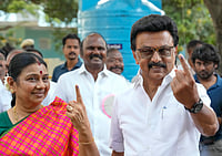 PTI : Tamil Nadu Chief Minister and DMK candidate from Kolathur constituency, MK Stalin, right, with his wife Durga Stalin shows his ink-marked finger after casting a vote in the state Assembly elections, at a polling station, in Chennai, Thursday, April 23, 2026.