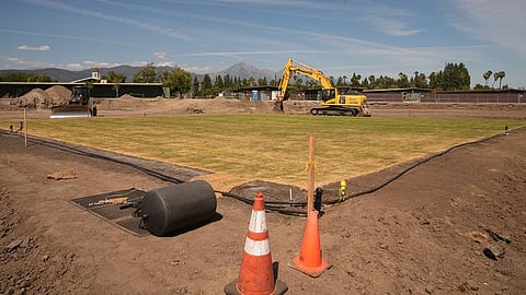 New fresh grass is grown for a world-class cricket pitch at the Pomona Fairplex seen during the groundbreaking of the new Knight Riders Cricket Field, which will serve as the Los Angeles Knight Riders' official home field for 2026 and later host cricket at the LA 2028 Olympics. 