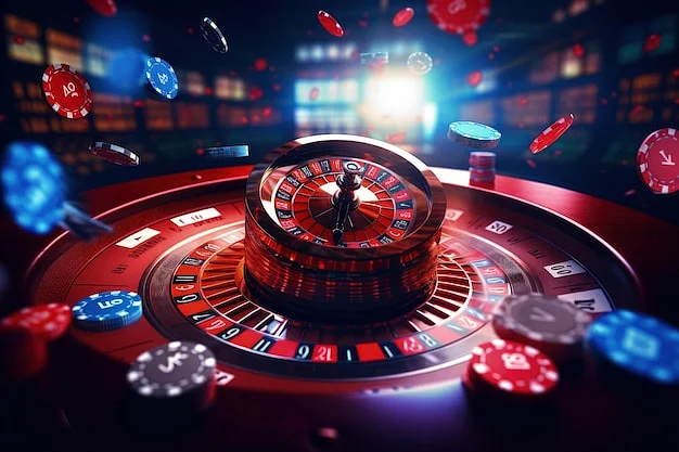 Spinning roulette wheel with flying casino chips