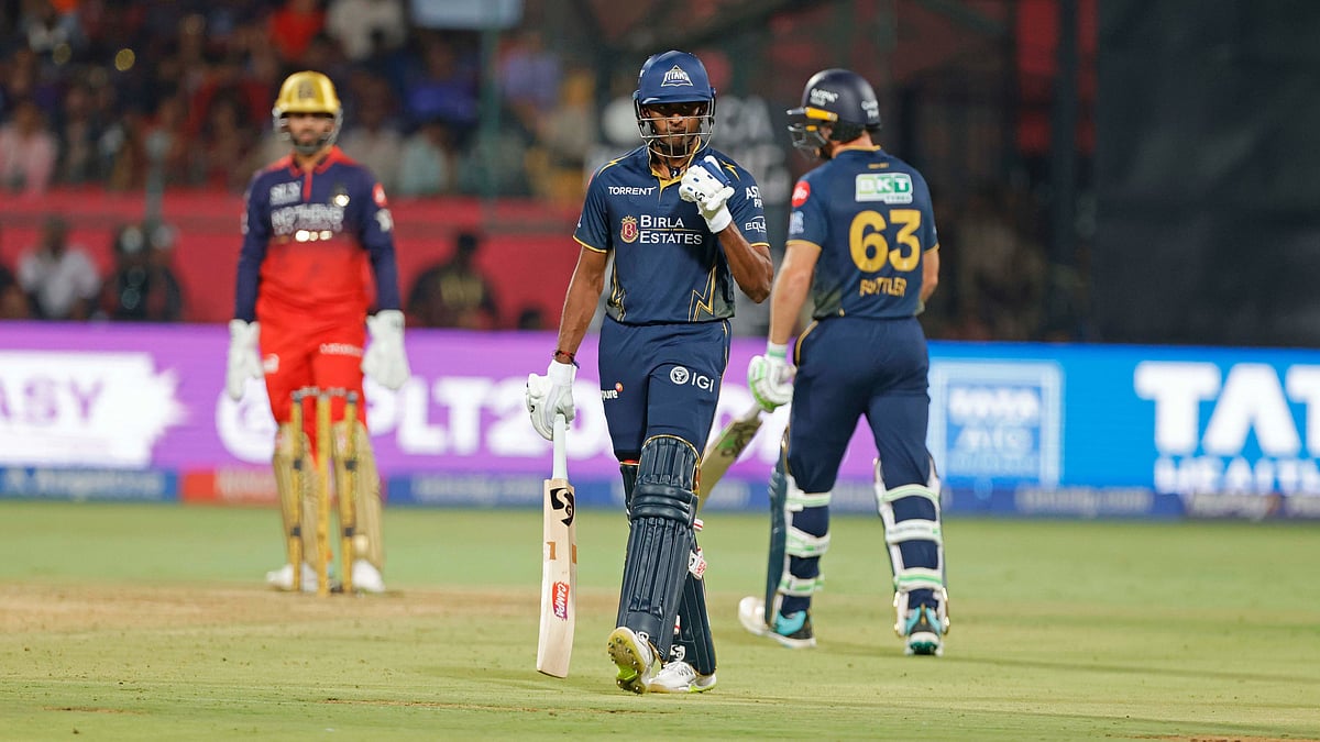 Sai Sudharsan celebrates after scoring century during RCB vs GT IPL 2026 match at the M Chinnaswamy Stadium in Bengaluru.  - IPL/X