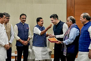 | Photo: PTI/Salman Ali : BJP National President Nitin Nabin meets Rajya Sabha MPs Raghav Chadha, Sandeep Pathak and Ashok Mittal at the party's headquarters, in New Delhi. Aam Aadmi Party (AAP) Rajya Sabha MPs Chadha and Sandeep Pathak on Friday announced that they are joining the BJP along with five other MPs of the party.
