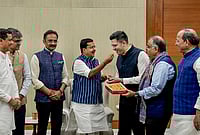 | Photo: PTI/Salman Ali : BJP National President Nitin Nabin meets Rajya Sabha MPs Raghav Chadha, Sandeep Pathak and Ashok Mittal at the party's headquarters, in New Delhi. Aam Aadmi Party (AAP) Rajya Sabha MPs Chadha and Sandeep Pathak on Friday announced that they are joining the BJP along with five other MPs of the party. 