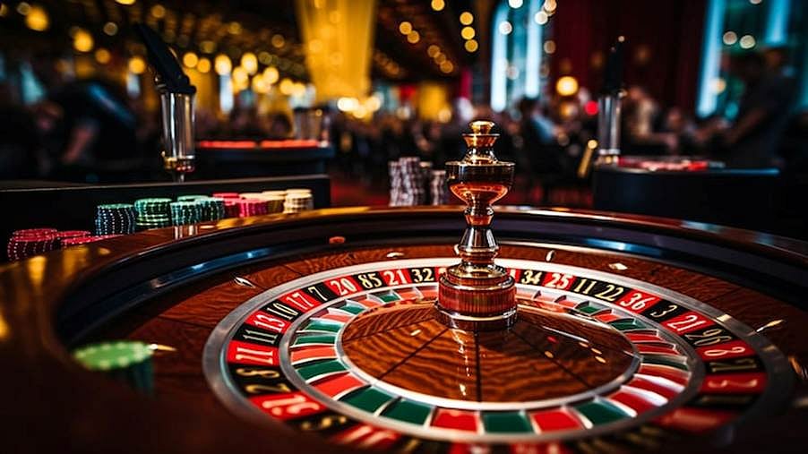 Close-up of a roulette wheel in a luxury casino - null