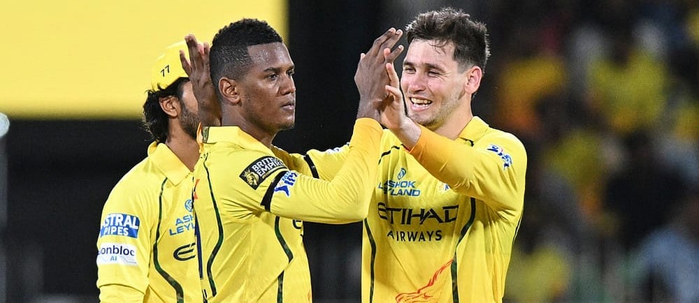 | Photo: AP : Chennai Super Kings' Akeal Hosein, center, celebrates with teammates the wicket of Kolkata Knight Riders' Angkrish Raghuvanshi during the Indian Premier League cricket match between Chennai Super Kings and Kolkata Knight Riders in Chennai.