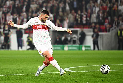 Stuttgart's Deniz Undav scores a goal during a German Cup semifinal soccer match between VfB Stuttgart and SC Freiburg, in Stuttgart, Germany. 