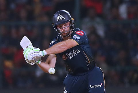 Gujarat Titans' Jos Buttler plays a shot during the Indian Premier League cricket match between Royal Challengers Bengaluru and Gujarat Titans in Bengaluru.