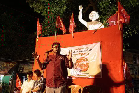 Mayukh Biswas addresses a gathering at Dumdum's Bediapara.