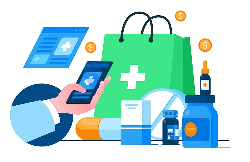 Illustration showing selling medicines online