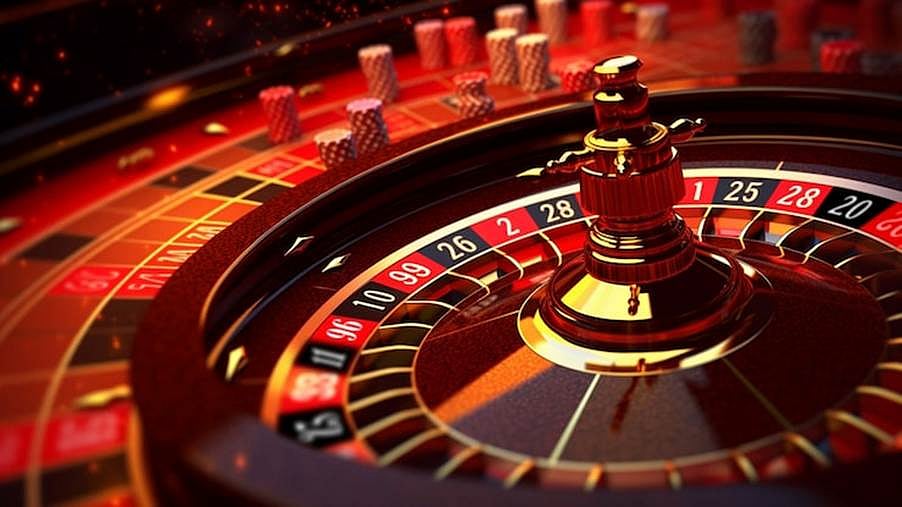 Casino roulette wheel with chips on a red table - null