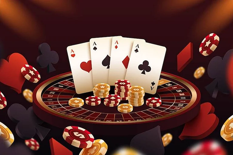 Four aces on a roulette wheel with flying chips - null