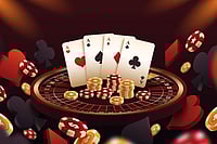 Four aces on a roulette wheel with flying chips
