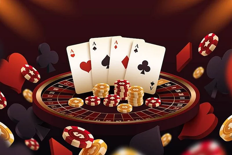Four aces on a roulette wheel with flying chips