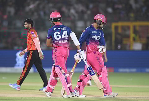 Rajasthan Royals' Vaibhav Sooryavanshi and Yashasvi Jaiswal during the Indian Premier League cricket match between Rajasthan Royals and Sunrisers Hyderabad in Jaipur.