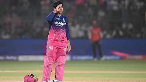Rajasthan Royals' Vaibhav Sooryavanshi celebrates his century during the Indian Premier League cricket match between Rajasthan Royals and Sunrisers Hyderabad in Jaipur, India, Saturday, April 25, 2026.