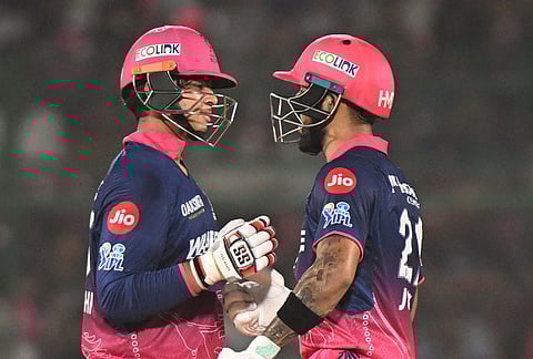 Rajasthan Royals' Vaibhav Sooryavanshi, right, congratulates Dhruv Jurel for scoring a fifty runs during the Indian Premier League cricket match between Rajasthan Royals and Sunrisers Hyderabad in Jaipur. 