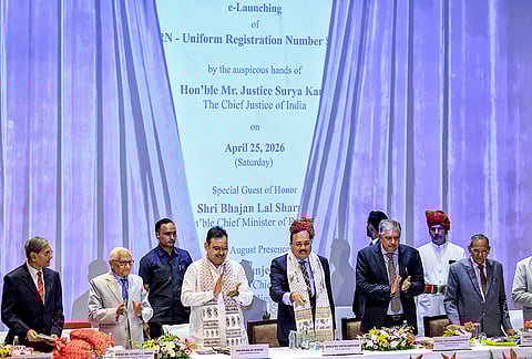 Chief Justice of India Justice Surya Kant, centre, inaugurates the one-day conference on ‘The Bench Beyond Retirement: Role of Retired Judges in Advancement of ADR and Awareness of Laws for Common Masses’, at Constitution Club, in Jaipur. Rajasthan Chief Minister Bhajanlal Sharma, third left, is also present. 