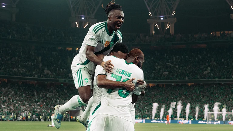 Al Ahli players celebrate after scoring a goal against Machida Zelvia in AFC Champions League 2025-26 Elite final. - ALAHLI_FCEN/X
