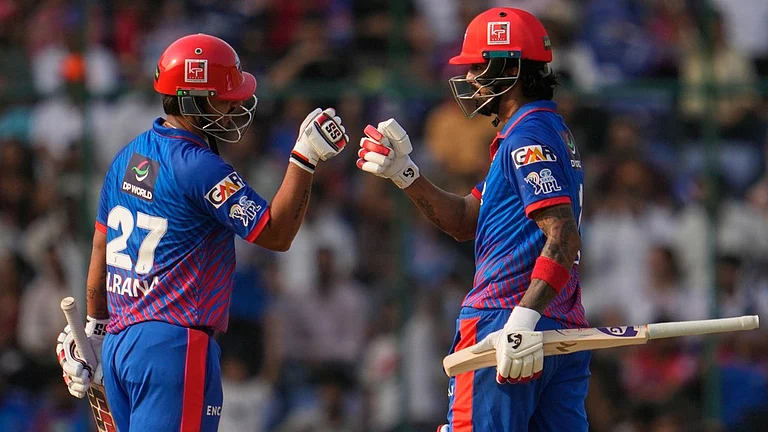 KL Rahul, left, and batting partner Nitish Rana in action during the Indian Premier League match between Delhi Capitals and Punjab Kings in New Delhi. - AP/Manish Swarup