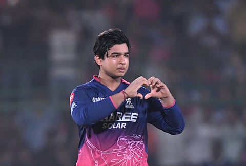 Rajasthan Royals' Vaibhav Sooryavanshi celebrates his century during the Indian Premier League cricket match between Rajasthan Royals and Sunrisers Hyderabad in Jaipur.