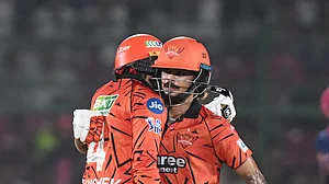 (AP Photo) : Sunrisers Hyderabad's Ishan Kishan congratulates Abhishek Sharma for scoring a fifty runs during the Indian Premier League cricket match between Rajasthan Royals and Sunrisers Hyderabad in Jaipur, India, Saturday, April 25, 2026.