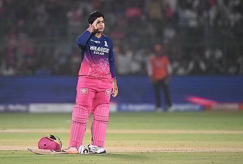 Rajasthan Royals' Vaibhav Sooryavanshi celebrates his century during the Indian Premier League cricket match between Rajasthan Royals and Sunrisers Hyderabad in Jaipur.