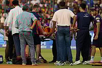 | Photo: AP/Manish Swarup : Delhi Capitals' Lungi Ngidi is carried on a stretcher after he was injured during the Indian Premier League cricket match between Delhi Capitals and Punjab Kings in New Delhi.